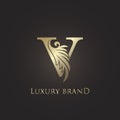 Luxury Letter V Logo Gold Monogram Feather Decorative Ornate Ornament Vector Design
