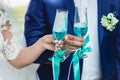 Gorgeous bride and groom toasting with champagne, wedding morning. hands holding stylish glasses of blue wine Royalty Free Stock Photo