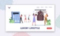 Luxury Lifestyle Landing Page Template. Young Women Watching Expensive Clothes Fur coat and Bags Assortment at Store Royalty Free Stock Photo