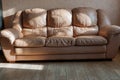 Luxury light brown leather comfortable sofa with soft cushions