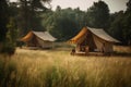 luxury light glamping camping canvas nature vacation forest travel tent. Generative AI.