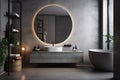 interior room concrete hygiene design sink luxury mirror bathroom gray home. Generative AI.