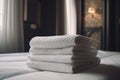 bed luxury hotel white home towel service fresh room resort. Generative AI. Royalty Free Stock Photo