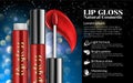 Luxury lip gloss ads sticky glossy liquid with transparent glass container Cosmetics Package Design Product blur dark background.