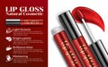 Luxury lip gloss ads, sticky glossy liquid with transparent glass container Cosmetics Package Design Promotion Product background.