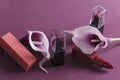 Luxury lipsticks and purple callas on the violet background