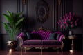 Luxury living room in dark color with pink sofa. glamorous living room interior Royalty Free Stock Photo