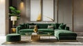 Luxury living room in house with modern interior design, green velvet sofa, coffee table, pouf, gold decoration, plant, lamp, Royalty Free Stock Photo