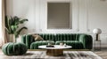 Luxury living room in house with modern interior design, green velvet sofa, coffee table, pouf, gold decoration, plant, lamp, Royalty Free Stock Photo