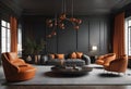 Luxury living room interior with black walls, wooden floor, gray sofa with orange armchairs and coffee table