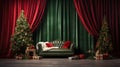 Luxury living room interior with Christmas tree, fireplace, sofa and gifts. Vintage style. Royalty Free Stock Photo