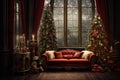 Luxury living room interior with Christmas tree, fireplace, sofa and gifts. Vintage style. Royalty Free Stock Photo