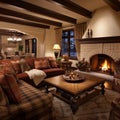 Luxury living room interior with fireplace and armchair