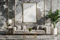 Luxury living room interior with large marble wall comfortable sofa gold accents and tropical palm leaves on tables Royalty Free Stock Photo