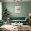 Luxury living room interior in mint colors Art Deco style A soft sofa and two armchairs a coffee table a TV unit a console a