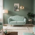 Luxury living room interior in mint colors Art Deco style A soft sofa and two armchairs a coffee table a TV unit a console a