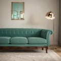 Luxury living room interior in mint colors Art Deco style A soft sofa and two armchairs a coffee table a TV unit a console a