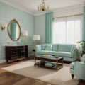 Luxury living room interior in mint colors Art Deco style A soft sofa and two armchairs a coffee table a TV unit a console a