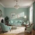 Luxury living room interior in mint colors Art Deco style A soft sofa and two armchairs a coffee table a TV unit a console a