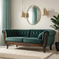 Luxury living room interior in mint colors Art Deco style A soft sofa and two armchairs a coffee table a TV unit a console a