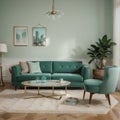 Luxury living room interior in mint colors Art Deco style A soft sofa and two armchairs a coffee table a TV unit a console a