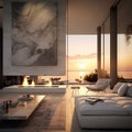 Luxury living room at sunset, modern relaxed style, with chimney fire, marble wall, generated by AI Royalty Free Stock Photo