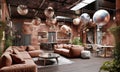 Luxury loft interior design of modern living room with terra cotta sofa. Created with generative AI