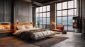 Luxury loft style studio apartment with a free layout in dark colors. Stylish modern cozy bedroom area with bio Royalty Free Stock Photo