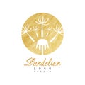Luxury logo design of dandelion with flying fluffy seeds. Abstract natural label with golden detailed texture. Vector