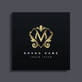 Luxury Logo Design with monogram letter M ,golden color, luxury flourish decorative style, vector illustration Royalty Free Stock Photo