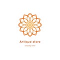 Luxury logotype for antique store. Volumetric golden big bud. Kaleidoscope