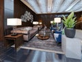 Luxury lounge entrance area in hotel with leather sofa and fabric armchair. designer white cabinets with a flower pot and wooden