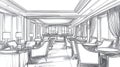 Hand-drawn sketch of a luxury hotel lounge interior with comfortable seating and a bar Royalty Free Stock Photo