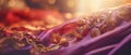 Luxury magenta fabric with golden decoration on bokeh background. Close-up horizontal blurred background. Generative AI