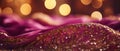 Luxury magenta fabric with golden embroidery and rhinestones on background bokeh. Close-up horizontal blurred background