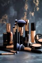 Luxury Makeup Brushes And Elegant Cosmetic Products Arranged In Soft Studio Lighting Royalty Free Stock Photo