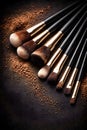 Luxury Makeup Brushes With Soft Powder Texture On Dramatic Dark Surface Royalty Free Stock Photo