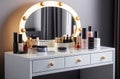 Luxury makeup products and accessories on dressing table with mirror. Space for text Royalty Free Stock Photo
