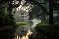 Luxury mansion in the middle of a misty river, AI Generated Royalty Free Stock Photo