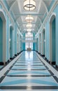 Luxury Mansion Passage with Minimalist Blue and White Decor Royalty Free Stock Photo