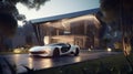 Luxury Mansion with Sleek Supercar Parked Outside