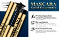 Luxury mascara ads gold package with eyelash applicator brush mascaras VIP background. Cosmetics Advertising