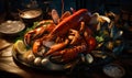 Luxury meal of lobster on a plate. Delicious restaurant cooked seafood. Generative AI