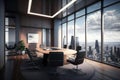 a luxury meeting room, adorned with floor-to-ceiling windows offering a panoramic city view, flooded with invigorating daylight.