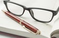 Luxury men`s accessories - stylish black glasses and a pen on an open diary, close-up Royalty Free Stock Photo