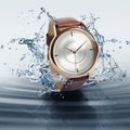 Luxury men`s watch in water splashes demonstrating its waterproof