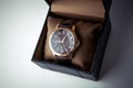 Luxury mens wristwatch displayed and packaged in a box