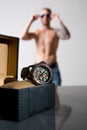 Luxury mens wristwatch displayed and packaged in a box