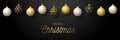 Luxury Merry Christmas horizontal banner. Christmas card with ornate black, gold and white realistic balls hang on a thread on