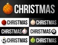 Luxury Merry Christmas horizontal banner. Christmas card with sport baseball, basketball, football, tennis balls hang on a thread Royalty Free Stock Photo